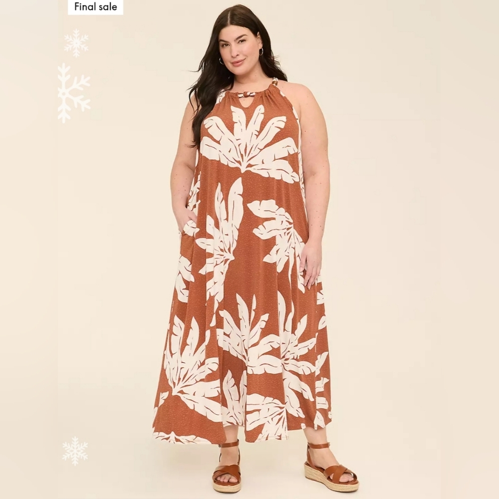14/16 Lane Bryant Beaded & Knot Halter Neck Jersey Maxi With Bold Tropical Leaf